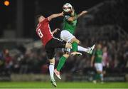 17 October 2017; Karl Sheppard of Cork City in action against Harry Monaghan of Derry City, during the SSE Airtricity League Premier Division match between Cork City and Derry City at Turners Cross, in Cork.  Photo by Eóin Noonan/Sportsfile
