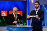 19 October 2017; Down footballer Kevin McKiernan, alongside Michael Hasson, Ulster GAA President, displays the Down name after they were drawn at home against Antrim during the 2018 GAA Championship Draw at RTÉ Studios in Donnybrook, Dublin. Photo by Piaras Ó Mídheach/Sportsfile