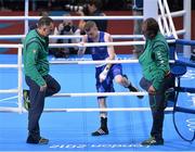 10 August 2012; Paddy Barnes, Ireland, leaves the ring with Team Ireland boxing head coach Billy Walsh and Team Ireland boxing technical & tactical head coach Zaur Anita, right, after his defeat in the men's light fly 49kg semi-final contest against Shiming Zou, China. London 2012 Olympic Games, Boxing, South Arena 2, ExCeL Arena, Royal Victoria Dock, London, England. Picture credit: Stephen McCarthy / SPORTSFILE