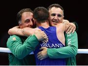 10 August 2012; John Joe Nevin, Ireland, celebrates with Team Ireland boxing head coach Billy Walsh, right, and Team Ireland boxing technical & tactical head coach Zaur Anita, after been declared the winner over  Lazaro Alvarez Estrada, Cuba, during their men's bantam 56kg semi-final contest. London 2012 Olympic Games, Boxing, South Arena 2, ExCeL Arena, Royal Victoria Dock, London, England. Picture credit: David Maher / SPORTSFILE