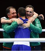 10 August 2012; John Joe Nevin, Ireland, celebrates with Team Ireland boxing head coach Billy Walsh, right, and Team Ireland boxing technical & tactical head coach Zaur Anita, after been declared the winner over  Lazaro Alvarez Estrada, Cuba, during their men's bantam 56kg semi-final contest. London 2012 Olympic Games, Boxing, South Arena 2, ExCeL Arena, Royal Victoria Dock, London, England. Picture credit: David Maher / SPORTSFILE