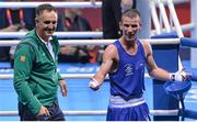 10 August 2012; John Joe Nevin, Ireland, and Team Ireland boxing head coach Billy Walsh, after victory over Lazaro Alvarez Estrada, Cuba, following their men's bantam 56kg semi-final contest. London 2012 Olympic Games, Boxing, South Arena 2, ExCeL Arena, Royal Victoria Dock, London, England. Picture credit: Stephen McCarthy / SPORTSFILE
