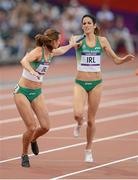 10 August 2012; Ireland's Jessie Barr hands the baton to Michelle Carey after running the third leg of their semi-final of the women's 4x400m where they finished 6th in a season best time. London 2012 Olympic Games, Athletics, Olympic Stadium, Olympic Park, Stratford, London, England. Picture credit: Brendan Moran / SPORTSFILE