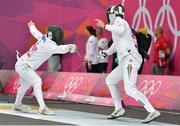11 August 2012; Ireland's Arthur Lanigan-O’Keeffe, left, duels with Robert Kasza, Hungary, in round 3 during the fencing discipline of the modern pentathlon. London 2012 Olympic Games, Modern Pentathlon, Copper Box, Olympic Park, Stratford, London, England. Picture credit: Brendan Moran / SPORTSFILE