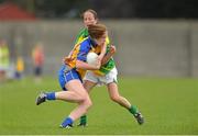 11 August 2012; Fiona Lafferty, Clare, in action against Fiona Mahon, Meath. TG4 All-Ireland Ladies Football Senior Championship Qualifier Round 2, Clare v Meath, St. Brendan’s Park, Birr, Co. Offaly. Picture credit: Barry Cregg / SPORTSFILE