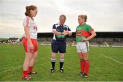 11 August 2012; Referee Pat Kehoe tosses the coin between Tyrone captain Shannon Quinn, left,and Mayo captain Claire Egan before the game. TG4 All-Ireland Ladies Football Senior Championship Qualifier Round 2, Mayo v Tyrone, St. Brendan’s Park, Birr, Co. Offaly. Picture credit: Barry Cregg / SPORTSFILE