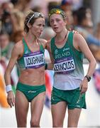 11 August 2012; Ireland's Olive Loughnane with Laura Reynolds after the women's 20km race walk where they finished 13th and 20th respectively. London 2012 Olympic Games, Athletics, The Mall, Westminster, London, England. Picture credit: Brendan Moran / SPORTSFILE