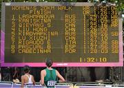 11 August 2012; Ireland's Laura Reynolds checks the scoreboard after the women's 20km race walk where she finished in 20th place. London 2012 Olympic Games, Athletics, The Mall, Westminster, London, England. Picture credit: Brendan Moran / SPORTSFILE
