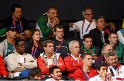 11 August 2012; Team Ireland boxing members, centre row from left, coach Pete Taylor, Katie Taylor, Adam Nolan, Michael Conlan and Paddy Barnes, at the ExCeL Arena ahead of John Joe Nevin's bantam 56kg final contest against Luke Campbell, Great Britain. London 2012 Olympic Games, Boxing, South Arena 2, ExCeL Arena, Royal Victoria Dock, London, England. Picture credit: David Maher / SPORTSFILE