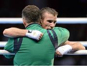 11 August 2012; John Joe Nevin, Ireland, is consoled by Team Ireland boxing head coach Billy Walsh after his men's bantam 56kg final contest. London 2012 Olympic Games, Boxing, South Arena 2, ExCeL Arena, Royal Victoria Dock, London, England. Picture credit: David Maher / SPORTSFILE