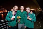 11 August 2012; Team Ireland boxers, from left, John Joe Nevin, men's bantam 56kg silver medallist, Michael Conlan, men's fly 52kg bronze medallist, and Paddy Barnes, men's light fly 49kg bronze medallist, following a Team Ireland boxing press conference. London 2012 Olympic Games, Boxing Press Conference, Olympic Stadium, Olympic Park, Stratford, London, England. Picture credit: Stephen McCarthy / SPORTSFILE