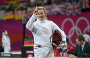 12 August 2012; Ireland's Natalya Coyle celebrates beating Evdokia Gretchichnikova, Russia, in round 14 of the women's fencing discipline of the modern pentathlon. London 2012 Olympic Games, Modern Pentathlon, Copper Box, Olympic Park, Stratford, London, England. Picture credit: Stephen McCarthy / SPORTSFILE