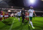 20 October 2017; Cork City captain Greg Bolger leads his side out prior to the SSE Airtricity League Premier Division match between St Patrick's Athletic and Cork City at Richmond Park in Dublin. Photo by Stephen McCarthy/Sportsfile