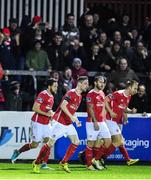 20 October 2017; Ian Bermingham, centre, celebrates with his St Patrick's Athletic team-mates after scoring his side's third goal during the SSE Airtricity League Premier Division match between St Patrick's Athletic and Cork City at Richmond Park in Dublin. Photo by Stephen McCarthy/Sportsfile