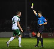 20 October 2017; Achille Campion of Cork City receives a yellow card from referee Robert Hennessy during the SSE Airtricity League Premier Division match between St Patrick's Athletic and Cork City at Richmond Park in Dublin. Photo by Stephen McCarthy/Sportsfile