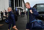 21 October 2017; Leinster senior coach Stuart Lancaster, left, and head coach Leo Cullen arrive ahead of the European Rugby Champions Cup Pool 3 Round 2 match between Glasgow Warriors and Leinster at Scotstoun in Glasgow, Scotland. Photo by Ramsey Cardy/Sportsfile