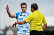 21 October 2017; Jonathan Sexton of Leinster in conversation with referee Jerome Garces during the European Rugby Champions Cup Pool 3 Round 2 match between Glasgow Warriors and Leinster at Scotstoun in Glasgow, Scotland. Photo by Ramsey Cardy/Sportsfile