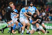 21 October 2017; Ali Price of Glasgow Warriors is tackled by Robbie Henshaw, left, and Cian Healy of Leinster, during the European Rugby Champions Cup Pool 3 Round 2 match between Glasgow Warriors and Leinster at Scotstoun in Glasgow, Scotland. Photo by Ramsey Cardy/Sportsfile
