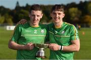 21 October 2017; Ireland's Shane Bennett, left, and Patrick Curran celebrate with the cup after the U21 Shinty International match between Ireland and Scotland at Bught Park in Inverness, Scotland. Photo by Piaras Ó Mídheach/Sportsfile