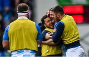 21 October 2017; Jonathan Sexton of Leinster celebrates with teammates after scoring his side's third try during the European Rugby Champions Cup Pool 3 Round 2 match between Glasgow Warriors and Leinster at Scotstoun in Glasgow, Scotland. Photo by Ramsey Cardy/Sportsfile