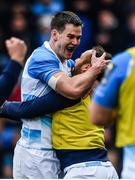 21 October 2017; Jonathan Sexton of Leinster celebrates with Jamison Gibson-Park after scoring his side's third try during the European Rugby Champions Cup Pool 3 Round 2 match between Glasgow Warriors and Leinster at Scotstoun in Glasgow, Scotland. Photo by Ramsey Cardy/Sportsfile