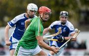21 October 2017; Lee Chin of Ireland in action against Rory Kennedy, centre, and Conor Cormack of Scotland during the Shinty International match between Ireland and Scotland at Bught Park in Inverness, Scotland. Photo by Piaras Ó Mídheach/Sportsfile