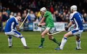 21 October 2017; Ben Conroy of Ireland in action against Steven MacDonald, left, and Finlay MacRae of Scotland during the Shinty International match between Ireland and Scotland at Bught Park in Inverness, Scotland. Photo by Piaras Ó Mídheach/Sportsfile