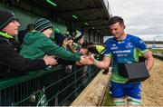 21 October 2017; Connacht supporter Jamie Connolly, age 9, from Athenry, Co Galway, congratulates Connacht captain Eoghan Masterson after the European Rugby Champions Cup Pool 5 Round 2 match between Connacht and Worcester Warriors at the Sportsground in Galway. Photo by Matt Browne/Sportsfile