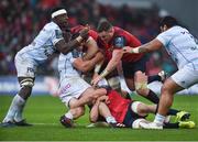 21 October 2017; Camille Chat of Racing 92 is tackled by, from left, Peter O’Mahony, Tommy O’Donnell, and Dave Kilcoyne of Munster during the European Rugby Champions Cup Pool 4 Round 2 match between Munster and Racing 92 at Thomond Park in Limerick. Photo by Diarmuid Greene/Sportsfile