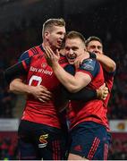 21 October 2017; Munster players, from left, Chris Farrell, Rory Scannell and Ian Keatley congratulate Conor Murray, 9, after scoring their side's first try during the European Rugby Champions Cup Pool 4 Round 2 match between Munster and Racing 92 at Thomond Park in Limerick. Photo by Brendan Moran/Sportsfile