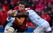 21 October 2017; Tommy O’Donnell of Munster is tackled by Yannick Nyanga of Racing 92 during the European Rugby Champions Cup Pool 4 Round 2 match between Munster and Racing 92 at Thomond Park in Limerick. Photo by Brendan Moran/Sportsfile