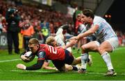 21 October 2017; Andrew Conway of Munster goes over to score his side's second try during the European Rugby Champions Cup Pool 4 Round 2 match between Munster and Racing 92 at Thomond Park in Limerick. Photo by Diarmuid Greene/Sportsfile