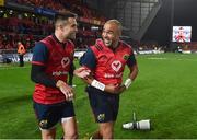 21 October 2017; Conor Murray, left, and Simon Zebo of Munster share a laugh as team-mate Dave Kilcoyne is interviewed on the big screen after the European Rugby Champions Cup Pool 4 Round 2 match between Munster and Racing 92 at Thomond Park in Limerick. Photo by Diarmuid Greene/Sportsfile