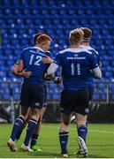 21 October 2017; Ciarán Frawley of Leinster A, left, celebrates with teammates after scoring their sides second try during the British & Irish Cup Round 2 match between Leinster A and Cardiff Blues Premiership Select at Donnybrook Stadium in Donnybrook, Dublin. Photo by Sam Barnes/Sportsfile