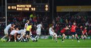 21 October 2017; Munster players Conor Murray, right, and Peter O’Mahony combine to block a kick by Maxime Machenaud of Racing 92, leading to Munster's first try scored by Murray, during the European Rugby Champions Cup Pool 4 Round 2 match between Munster and Racing 92 at Thomond Park in Limerick. Photo by Brendan Moran/Sportsfile