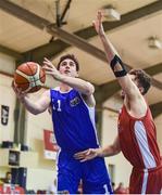 21 October 2017; Garrett Galvin of Belfast Star in action against Luke Thompson of Black Amber Templeogue  during the Hula Hoops Men’s Pat Duffy National Cup match between Black Amber Templeogue and Belfast Star at Oblate Hall in Inchicore, Dublin. Photo by Cody Glenn/Sportsfile