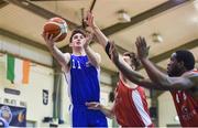 21 October 2017; Garrett Galvin of Belfast Star in action against Luke Thompson and Mike Bonaparte, right, of Black Amber Templeogue  during the Hula Hoops Men’s Pat Duffy National Cup match between Black Amber Templeogue and Belfast Star at Oblate Hall in Inchicore, Dublin. Photo by Cody Glenn/Sportsfile