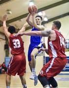 21 October 2017; Conor Quinn of Belfast Star in action against Neil Randolph, left, and Jason Killeen of Black Amber Templeogue during the Hula Hoops Men’s Pat Duffy National Cup match between Black Amber Templeogue and Belfast Star at Oblate Hall in Inchicore, Dublin. Photo by Cody Glenn/Sportsfile