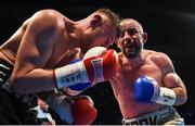 21 October 2017; Stephen Ormond, right, exchanges punches with Paul Hyland Jr during their IBF European Lightweight Title bout at the SSE Arena in Belfast. Photo by David Fitzgerald/Sportsfile