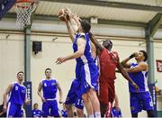 21 October 2017; Mike Bonaparte of Black Amber Templeogue in action against Matthew Jackson and Ruaidhri Milligan of Belfast Star during the Hula Hoops Men’s Pat Duffy National Cup match between Black Amber Templeogue and Belfast Star at Oblate Hall in Inchicore, Dublin. Photo by Cody Glenn/Sportsfile