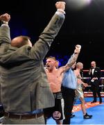 21 October 2017; Paul Hyland Jr celebrates after he defeated Stephen Ormond by way of a decision in their IBF European Lightweight Title bout at the SSE Arena in Belfast. Photo by David Fitzgerald/Sportsfile