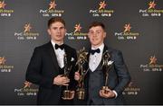 3 November 2017; Dublin footballers and Cuala team mates Michael Fitzsimons, left, and Con O'Callaghan pictured with their awards during the PwC All Stars 2017 at the Convention Centre in Dublin. Photo by Seb Daly/Sportsfile