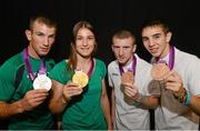 12 August 2012; Team Ireland's, from left to right, John Joe Nevin, who won silver in the men's bantam 56kg, Katie Taylor, who won gold in the women's light 60kg, Paddy Barnes, who won bronze in the men's light fly 49kg, and Michael Conlon, who won bronze in the men's fly 52kg, pictured with their medals at the ExCeL Arena. London 2012 Olympic Games, Boxing, South Arena 2, ExCeL Arena, Royal Victoria Dock, London, England. Picture credit: David Maher / SPORTSFILE