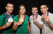 12 August 2012; Team Ireland's, from left to right, John Joe Nevin, who won silver in the men's bantam 56kg, Katie Taylor, who won gold in the women's light 60kg, Paddy Barnes, who won bronze in the men's light fly 49kg, and Michael Conlon, who won bronze in the men's fly 52kg, pictured with their medals at the ExCeL Arena. London 2012 Olympic Games, Boxing, South Arena 2, ExCeL Arena, Royal Victoria Dock, London, England. Picture credit: David Maher / SPORTSFILE