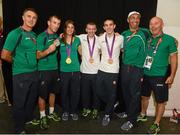 12 August 2012; Team Ireland's, from left to right, head coach Billy Walsh, John Joe Nevin, who won silver in the men's bantam 56kg, Katie Taylor, who won gold in the women's light 60kg, Paddy Barnes, who won bronze in the men's light fly 49kg, Michael Conlon, who won bronze in the men's fly 52kg, coach Pete Taylor and team manager Des Donnelly pictured at the ExCeL Arena. London 2012 Olympic Games, Boxing, South Arena 2, ExCeL Arena, Royal Victoria Dock, London, England. Picture credit: David Maher / SPORTSFILE