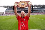 12 August 2012; WBO Middleweight title holder and Cork supporter Gary 'Spike' O'Sullivan, who was introduced to the crowd before the match, shows his belt. GAA Hurling All-Ireland Senior Championship Semi-Final, Cork v Galway, Croke Park, Dublin. Picture credit: Brian Lawless / SPORTSFILE