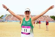 12 August 2012; Ireland's Natalya Coyle celebrates her 9th place overall position in the women's modern pentathlon. London 2012 Olympic Games, Modern Pentathlon, Copper Box, Olympic Park, Stratford, London, England. Picture credit: Stephen McCarthy / SPORTSFILE