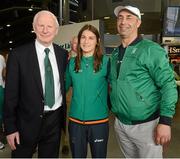 13 August 2012; Patrick Hickey, OCI President and recently elected member to the executive board of the International Olympic Committee, left, with Olympic champion Katie Taylor and her father and Team Ireland boxing coach Pete Taylor prior to departure from London Heathrow Airport ahead of Team Ireland's arrival home from the London 2012 Olympic Games. London Heathrow Airport, London, England. Picture credit: David Maher / SPORTSFILE