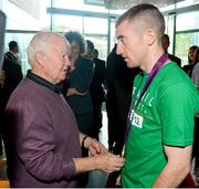 13 August 2012; Team Ireland's Paddy Barnes with his bronze medal and Freddie Gilroy, bronze medal winner at the Melbourne 1956 Olympic Games, on his arrival home from the London 2012 Olympic Games. Titanic Building, Titanic Quarter, Belfast, Co. Antrim. Picture credit: Oliver McVeigh / SPORTSFILE
