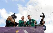 14 August 2012; Team Ireland boxers Paddy Barnes, left, and Michael Conlan celebrate with their bronze medals during an open top bus tour of Belfast, following their return home from the London 2012 Olympic Games. Belfast, Co. Antrim. Picture credit: Oliver McVeigh / SPORTSFILE